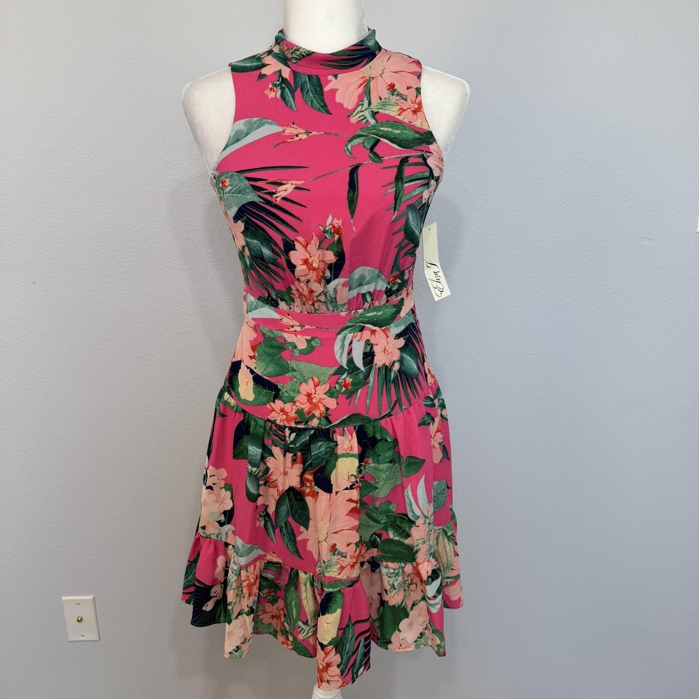 Eliza J Dress Women's 2P Pink Floral Sleeveless Scarf Neck Fit Flare‎ Party